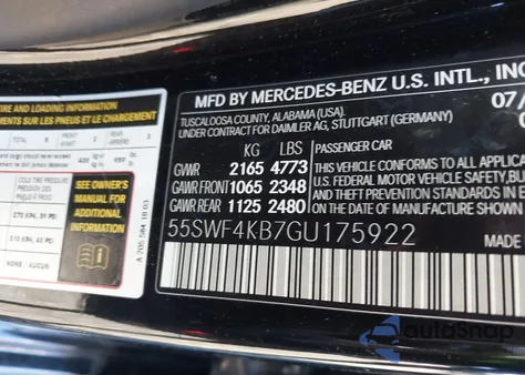 2016 Mercedes-Benz C 300 4Matic из США, поврежденный, VIN 55SWF4KB7GU175922